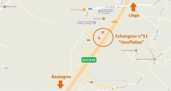 E25/A26 vers Arlon :  Fermetures de l’accès et de la sortie  Houffalize