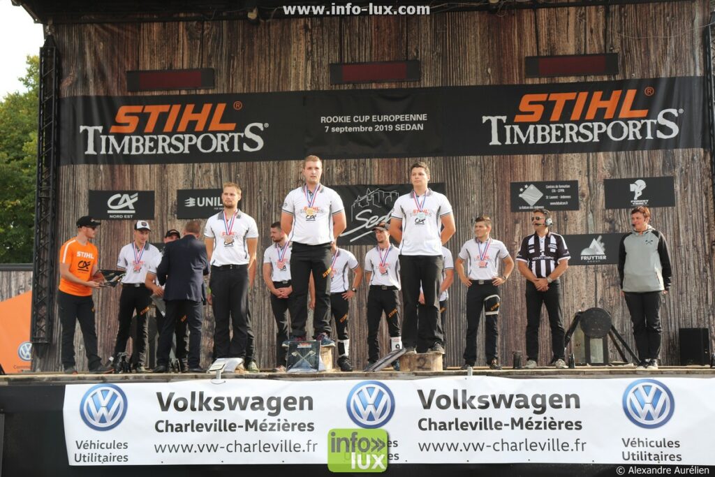 Foire de Sedan (Ardennes) : les équipes de la rookie cup européenne de bûcheronnage sportif, disputée à sedan en 2019