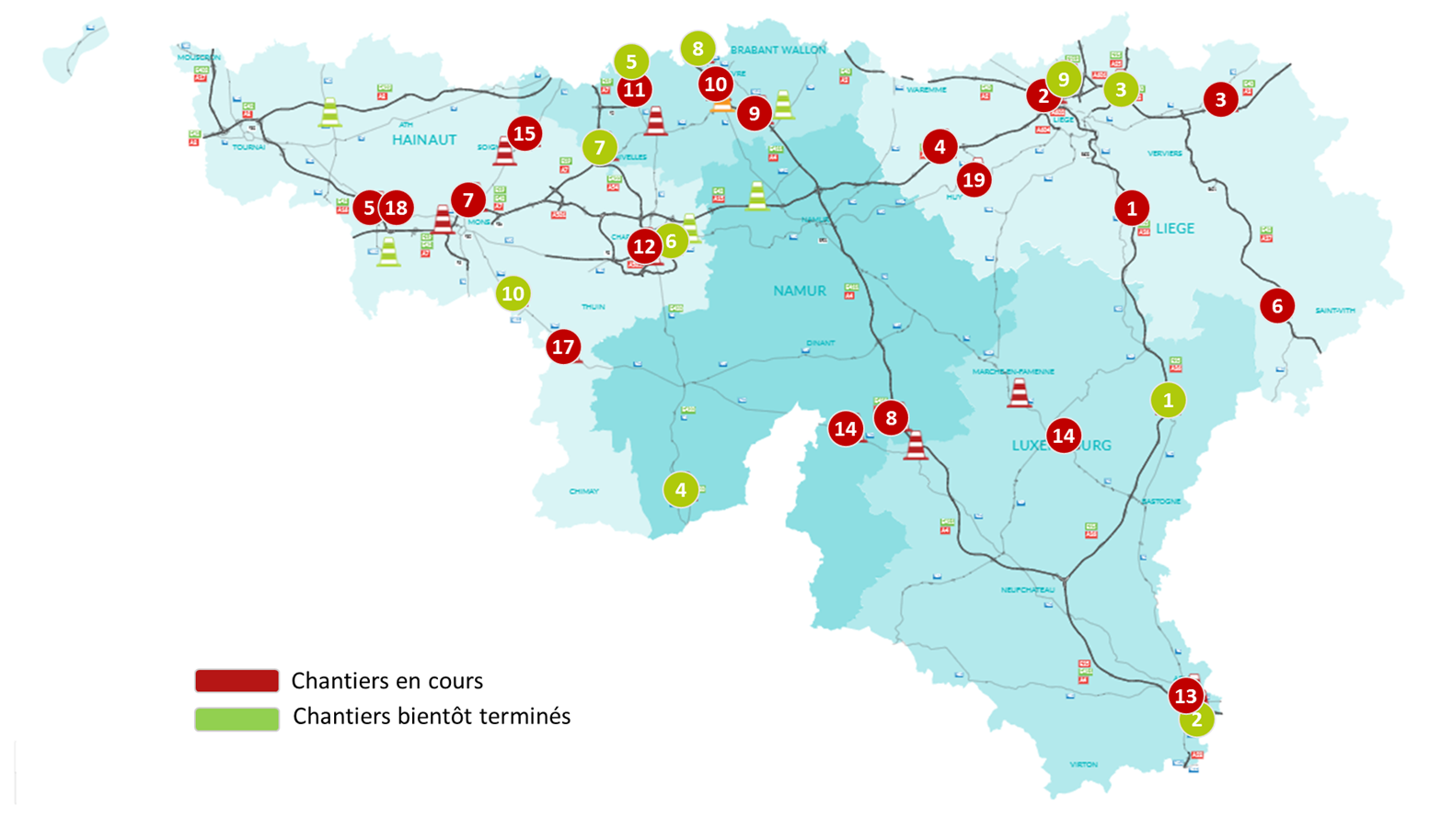 Principaux chantiers en cours sur les autoroutes et nationales en province de Luxembourg et en Wallonie