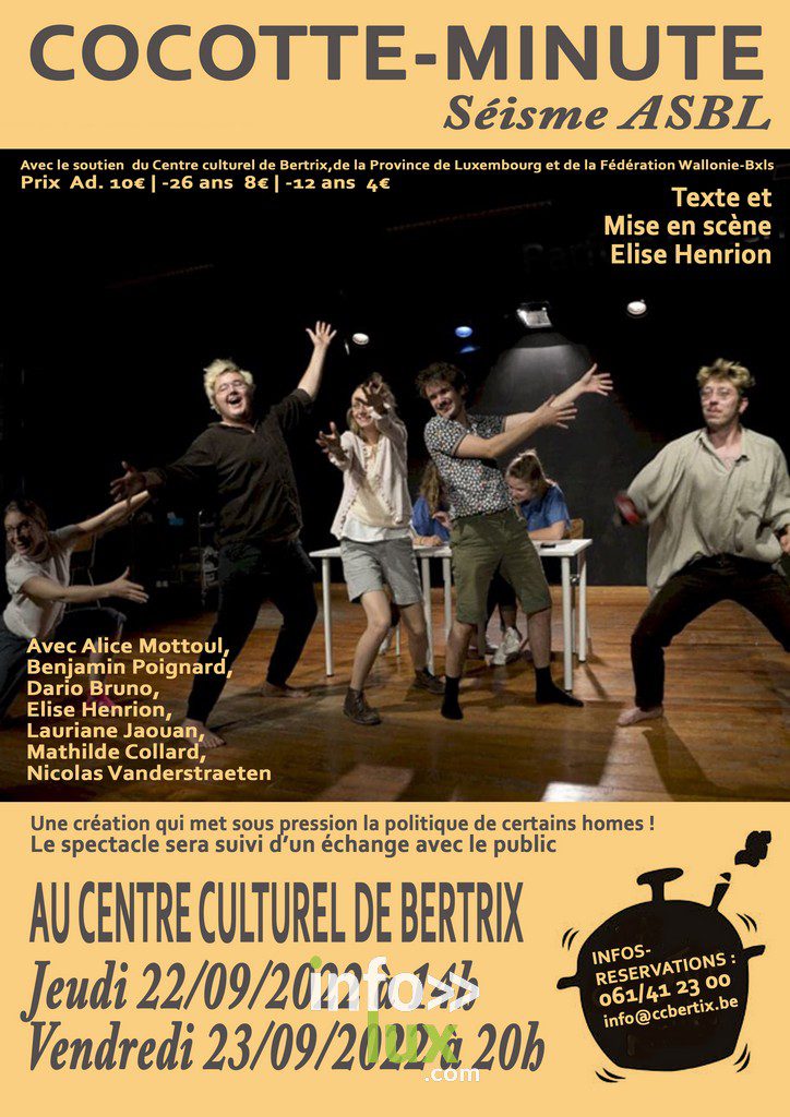 Les Jeudi 22/09/2022 à 14h et Vendredi 23/09/2022 à 20h , le Centre culturel de Bertrix vous invite à découvrir « Cocotte-Minute ».