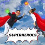 Photomontage d'enfant portant une cape rouge en mode super héros pour la Family Day