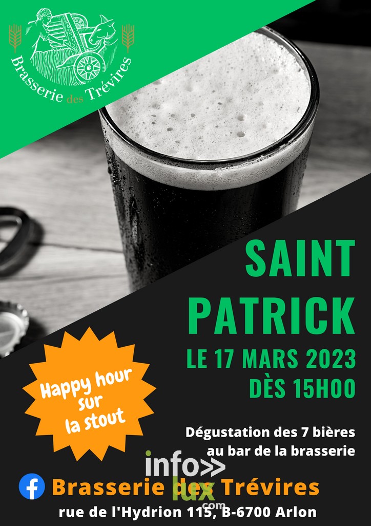 La Brasserie des Trévires à Arlon organise un événement pour la Saint Patrick, ce vendredi 17 mars dès 15h.  Venez dégustez une stout brassée à Arlon!