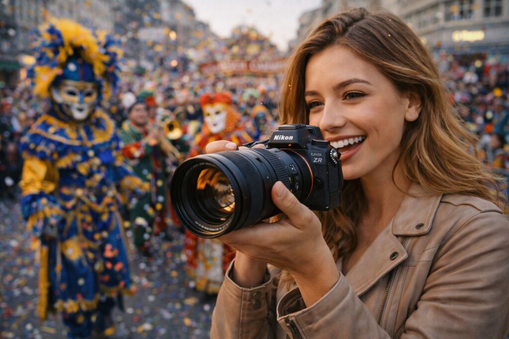Photographe avec boîtier hybride Nikon ZR en extérieur — gestion de la lumière naturelle et techniques avancées