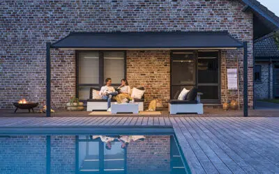 Pergola Lapure Renson au Luxembourg : la pergola modèle Shade minimaliste a toile retractable (100 km/h, 56 L/m2/h), par WB Outdoor Concept