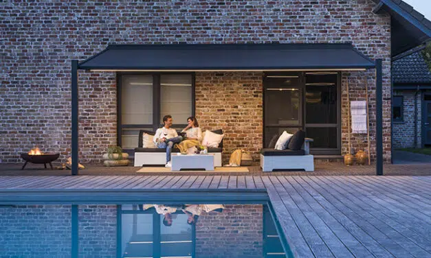 Pergola Lapure Renson au Luxembourg : la pergola minimaliste a toile retractable (100 km/h, 56 L/m2/h), par WB Outdoor Concept