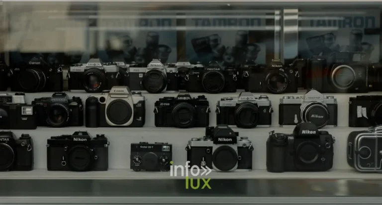 Vitrine de boutique photo au Luxembourg avec de nombreux appareils photo Canon, Nikon et Sony en promotion pendant les soldes