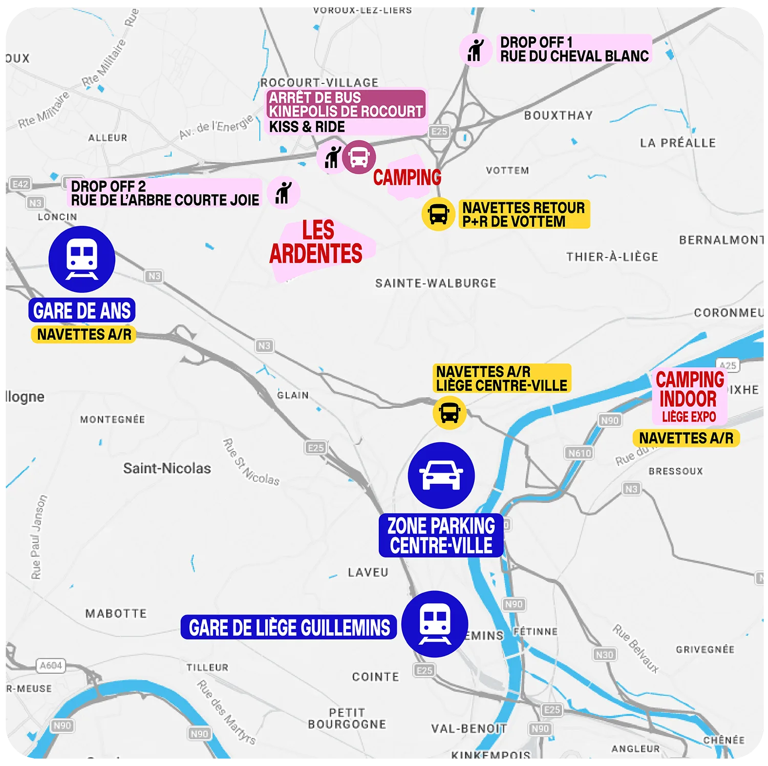 Carte accès navettes parkings camping Les Ardentes 2026