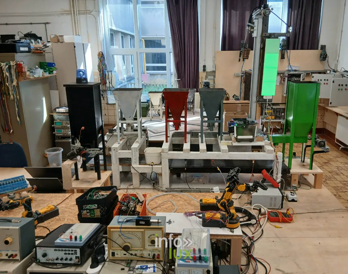 Vue d’ensemble de l’atelier technique de l’Athénée Royal d’Athus : bancs de mesure, bras robotisés et îlots automatisés
