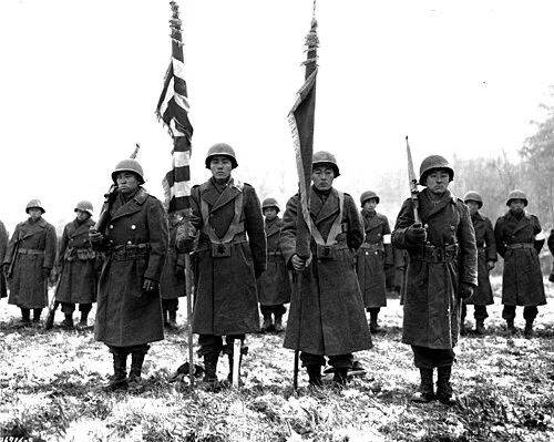 Détachement d'honneur du 442e RCT lors d'une revue à l'issue des combats de Bruyères