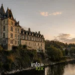 Le Château de Durbuy au lever du jour, reflété dans l'Ourthe — domaine de la Brasserie du Château de Durbuy