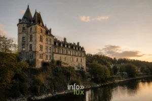 Le Château de Durbuy au lever du jour, reflété dans l'Ourthe — domaine de la Brasserie du Château de Durbuy