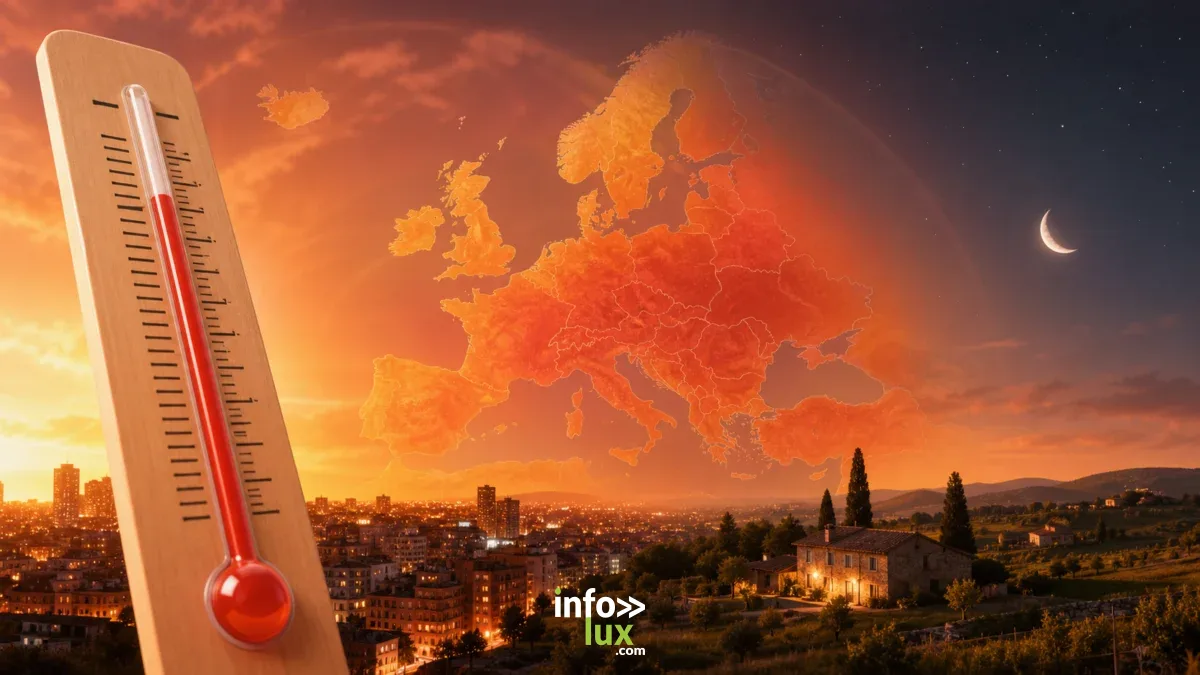 Carte illustrative de l’Europe touchée par une canicule, avec thermomètre et contraste entre chaleur diurne et nocturne
