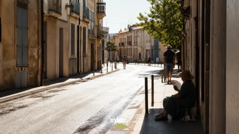 Rue d’une ville européenne sous une chaleur extrême, avec habitants cherchant l’ombre et thermomètre affichant une température élevée