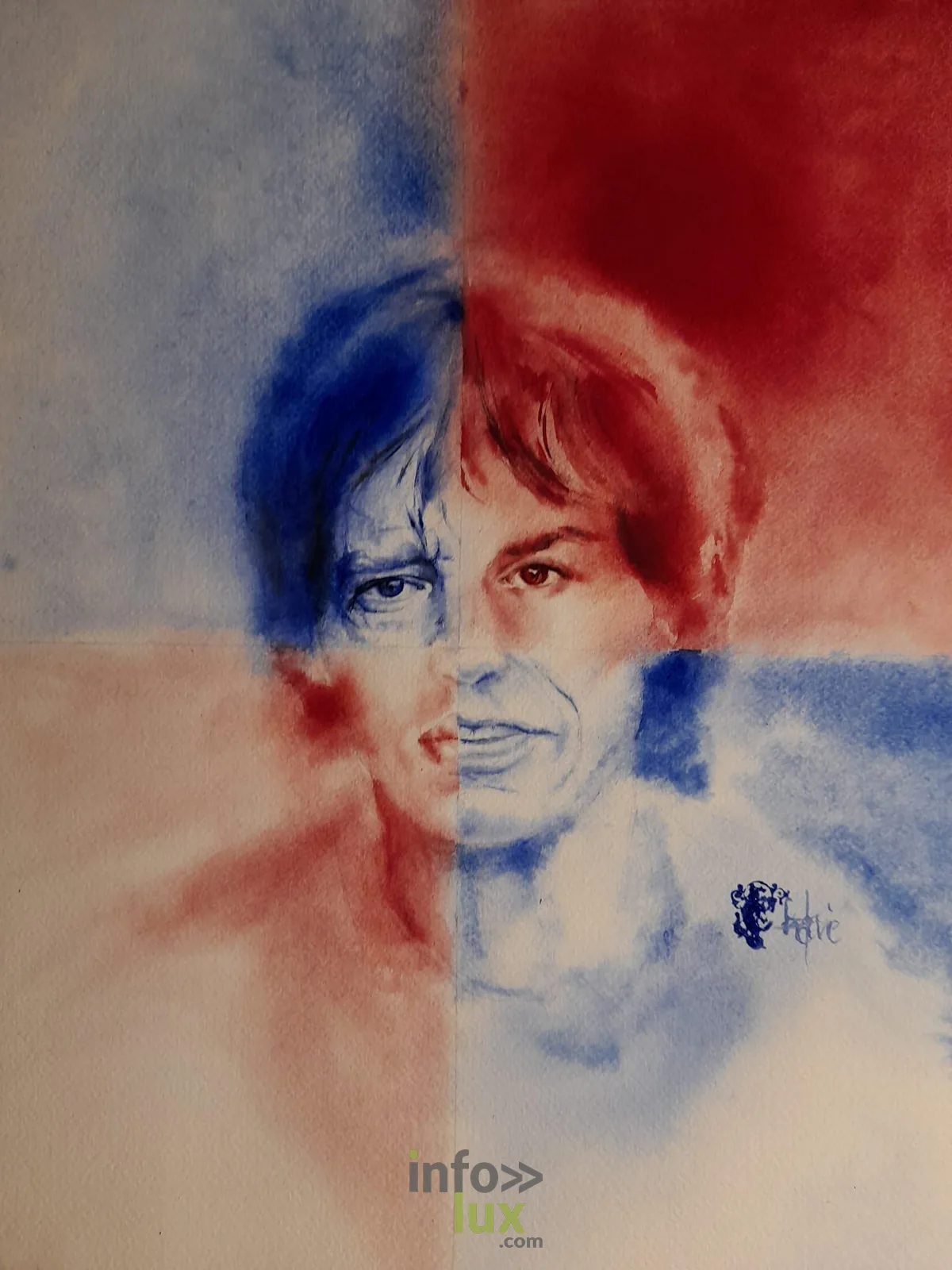 Aquarelle d'un portrait aux tons bleus signee Fany Chaveriat