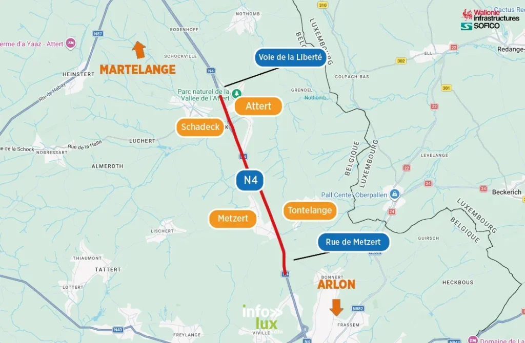 Attert lance un important chantier sur la N4 entre Tontelange et le village d’Attert. Pendant plusieurs semaines, les automobilistes devront adapter leurs habitudes sur cet axe très fréquenté vers Martelange.