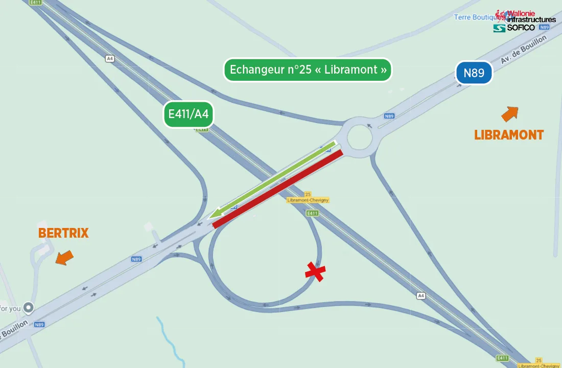Carte de la déviation N89 à l’échangeur n°25 Libramont vers Bertrix et E411/A4