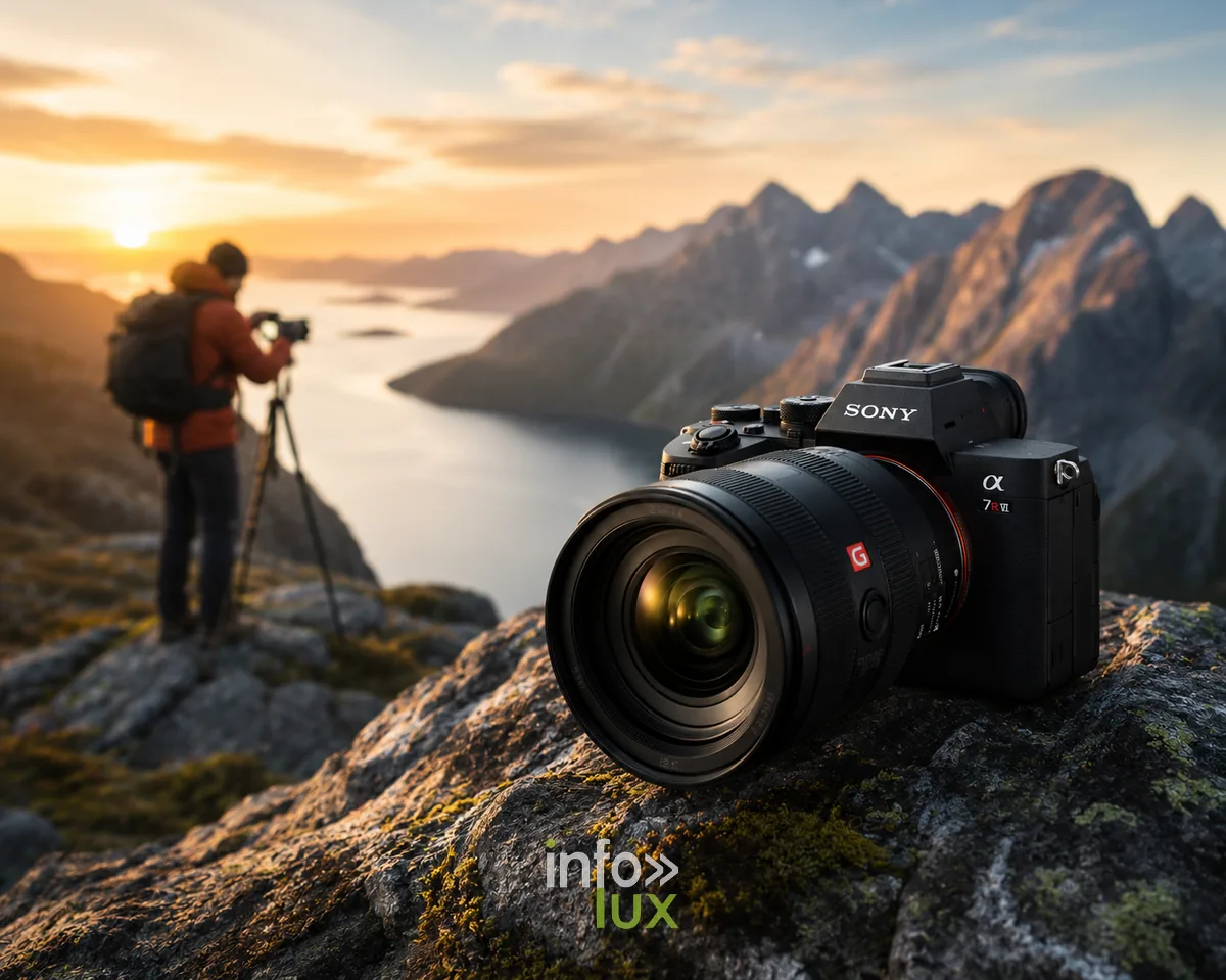 Sony Alpha 7R VI avec objectif G Master pose sur un rocher face aux montagnes au coucher de soleil, photo de paysage