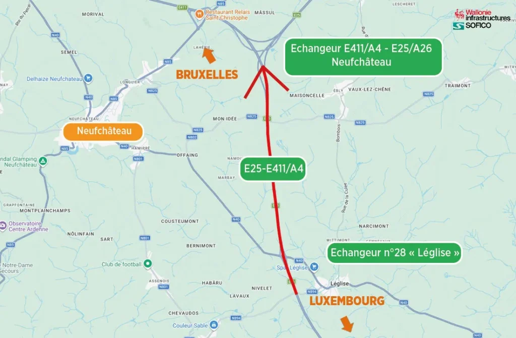 Carte du chantier E25-E411/A4 entre l echangeur n28 Leglise et l echangeur de Neufchateau, direction Bruxelles