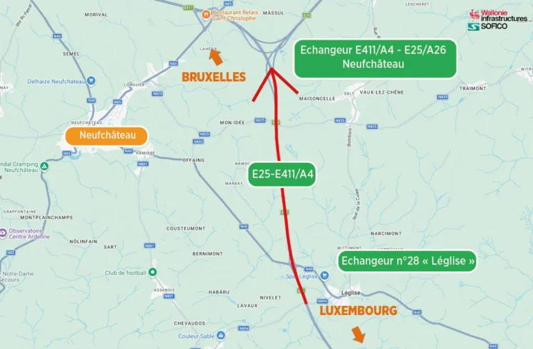 Carte du chantier E25-E411/A4 entre l echangeur n28 Leglise et l echangeur de Neufchateau, direction Bruxelles