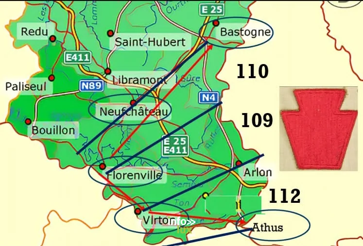 Carte de la progression de la 28e division d’infanterie américaine dans le sud de la province de Luxembourg en 1944