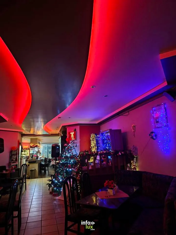 La salle de la Taverne Georges éclairée en rouge et bleu, ambiance de soirée
