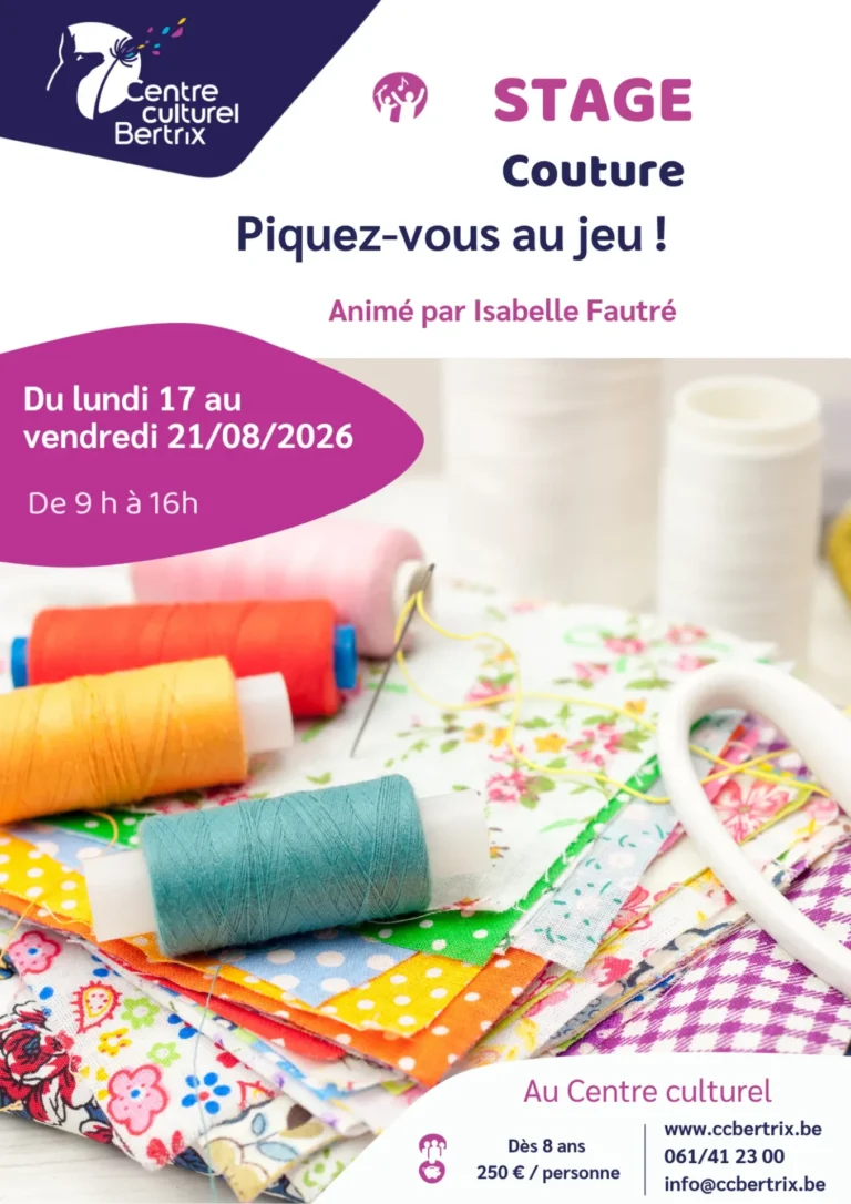 Affiche du stage couture enfants au Centre culturel de Bertrix, août 2026