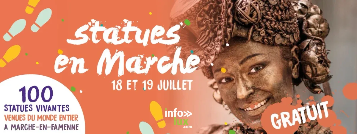 Affiche officielle Statues en Marche 2026 - 100 statues vivantes les 18 et 19 juillet à Marche-en-Famenne, gratuit