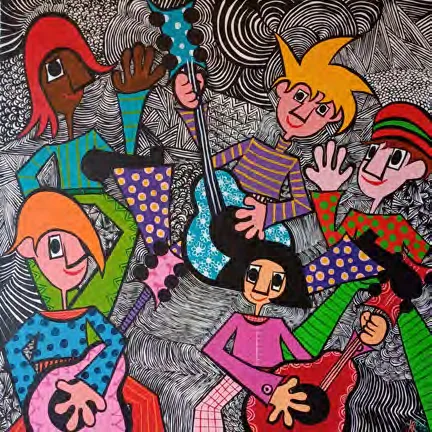 Peinture de musiciens signee Ariane Therasse, exposition Pulsion pop a Marche-en-Famenne