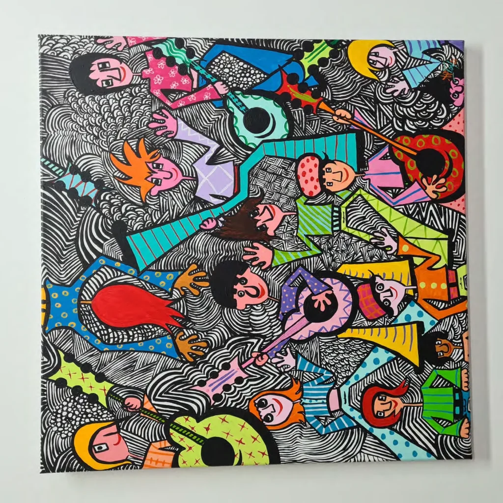 Oeuvre pop coloree d Ariane Therasse exposee a la Kalerie de Marche-en-Famenne