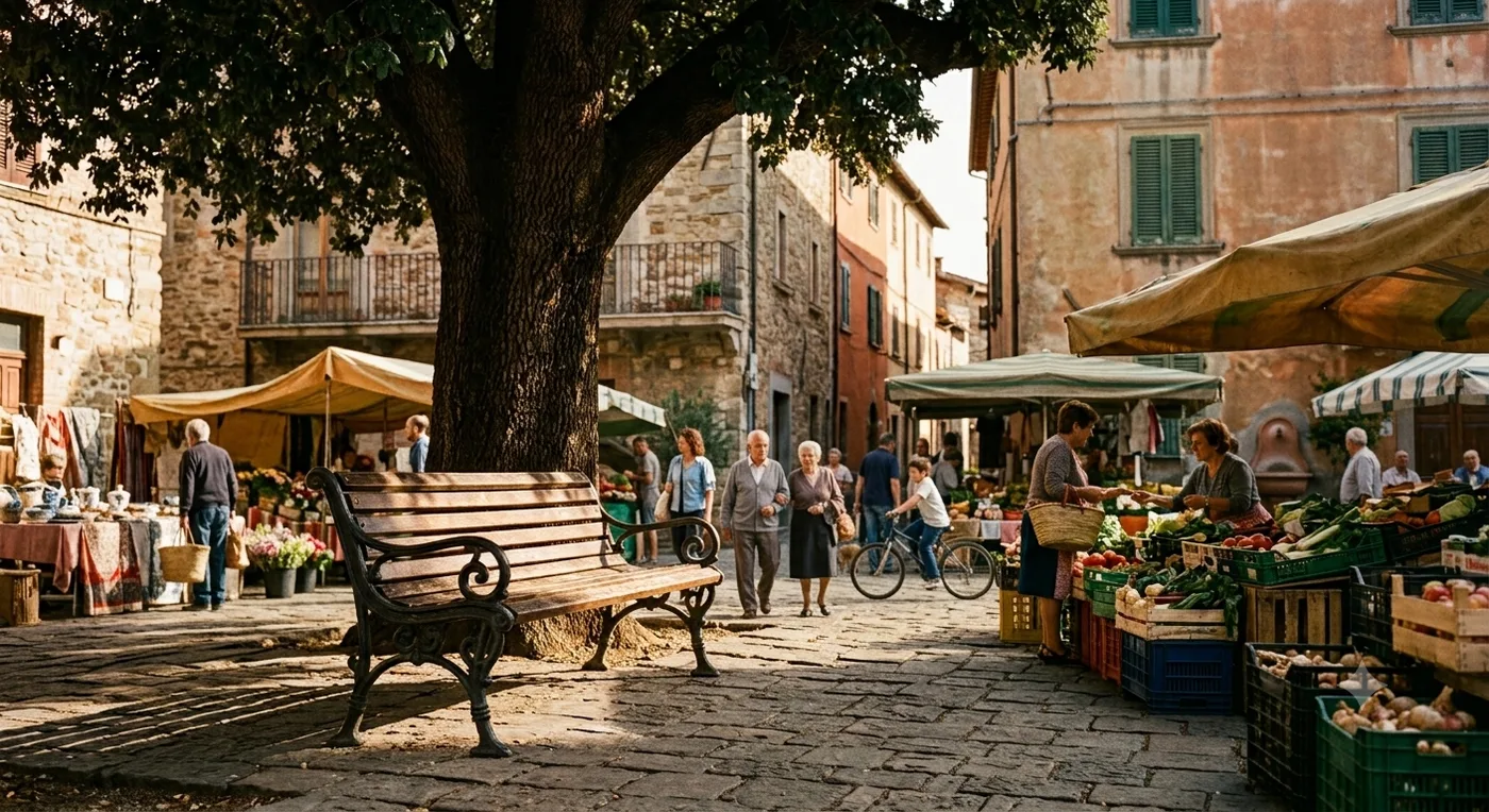 Un banc ombragé sur une place ensoleillée italienne