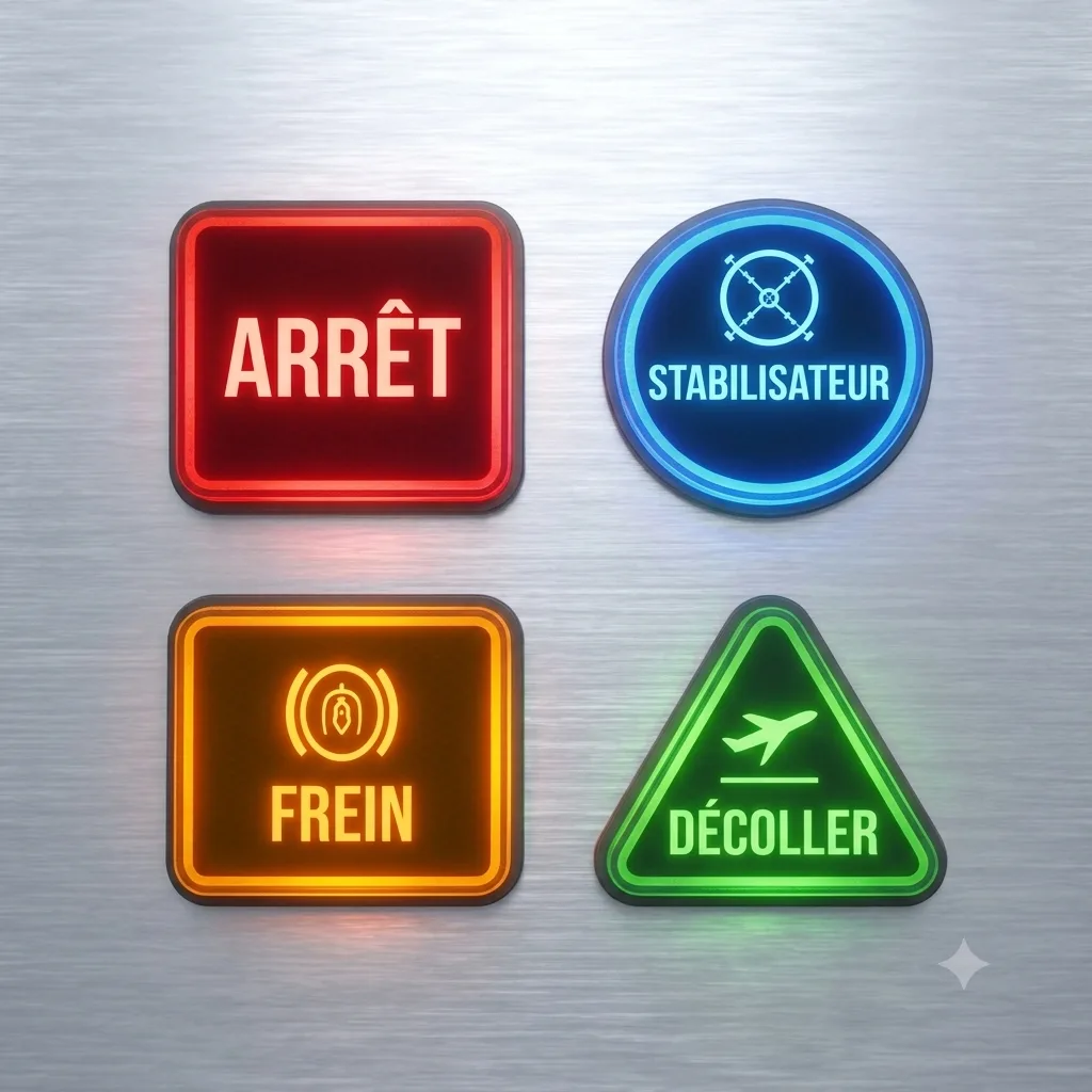 Boutons ARRÊT, STABILISATEUR, FREIN et DÉCOLLER — métaphore des freins assistés