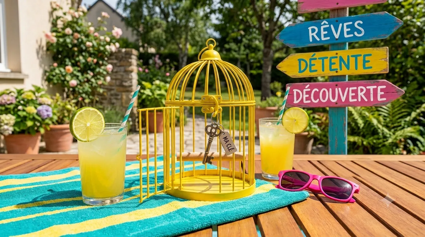 Cage à oiseaux ouverte sur une table d’été — rêves, détente, découverte