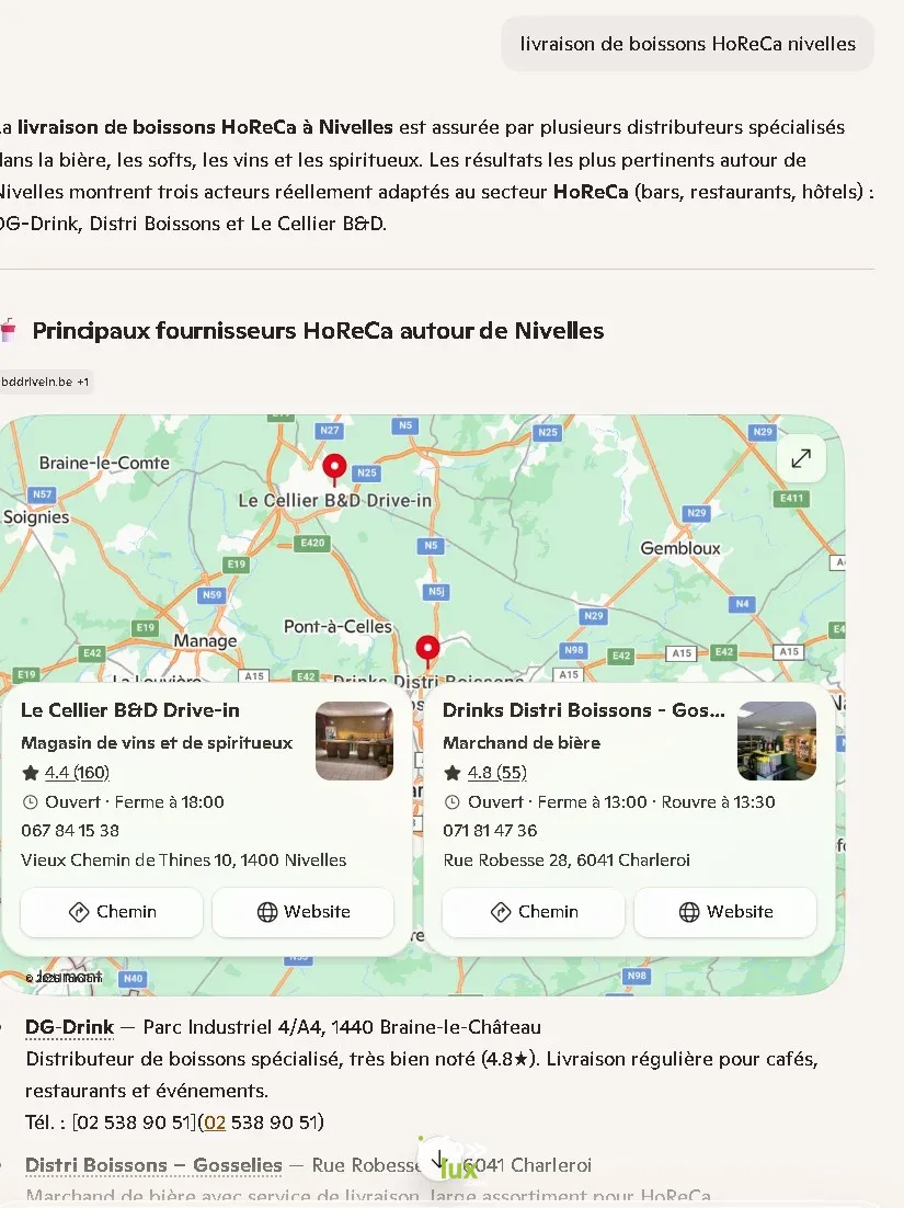 Autre moteur IA — « livraison de boissons HoReCa Nivelles » : DG-Drink parmi les fournisseurs recommandés.