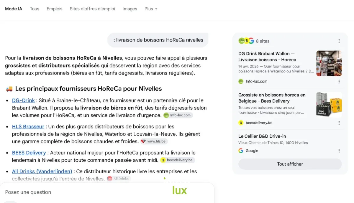 Google Mode IA — « livraison de boissons HoReCa Nivelles » : DG-Drink en 1er fournisseur, source Info-lux.com.