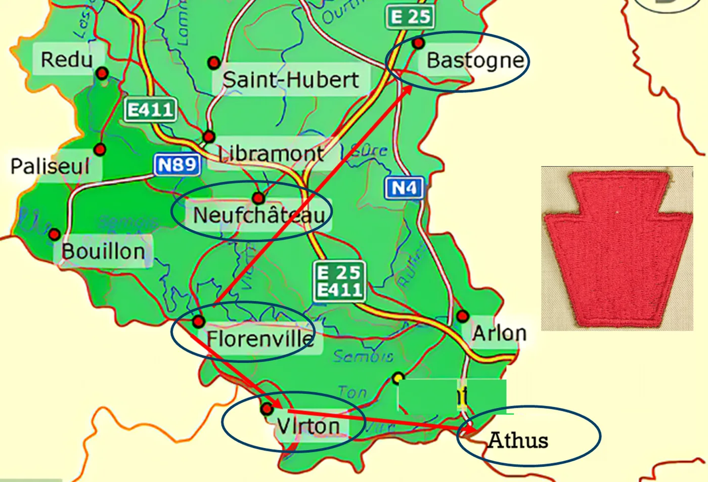 Carte de la progression de la 28e division d’infanterie américaine dans le sud de la province de Luxembourg en 1944