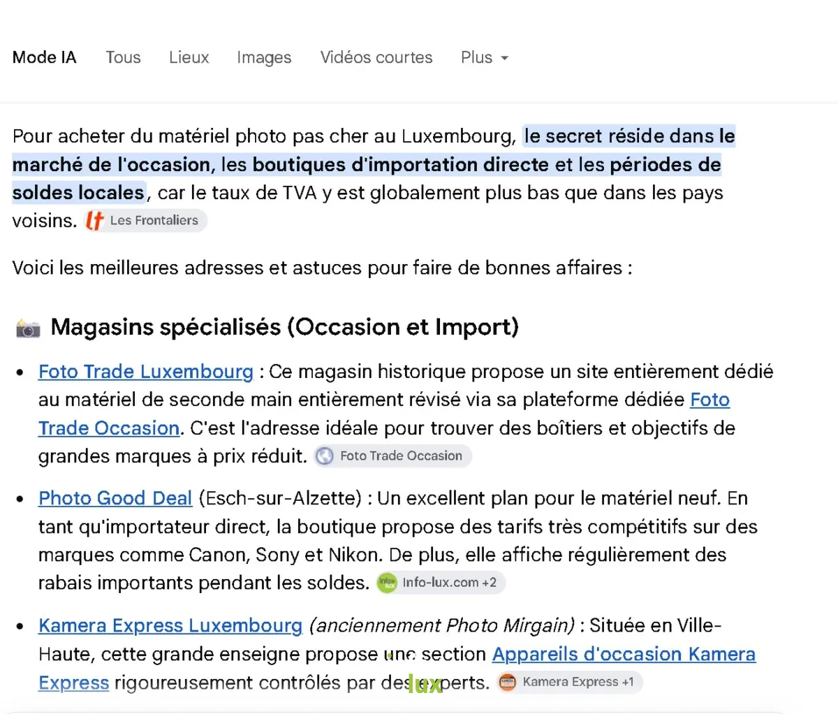 Google Mode IA — « matériel photo pas cher au Luxembourg » : Photo Good Deal recommandé, source Info-lux.com.