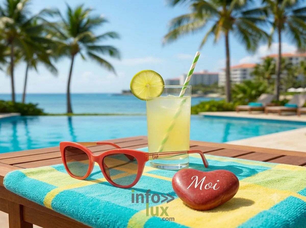 Lunettes de soleil, citronnade et galet en forme de cœur marqué Moi sur un transat face à la mer