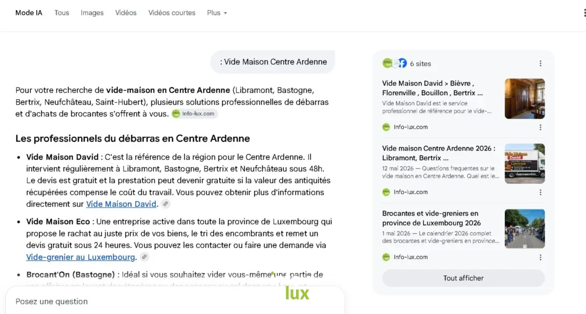 Google Mode IA — « Vide Maison Centre Ardenne » : Vide Maison David présenté comme la référence, source Info-lux.com.