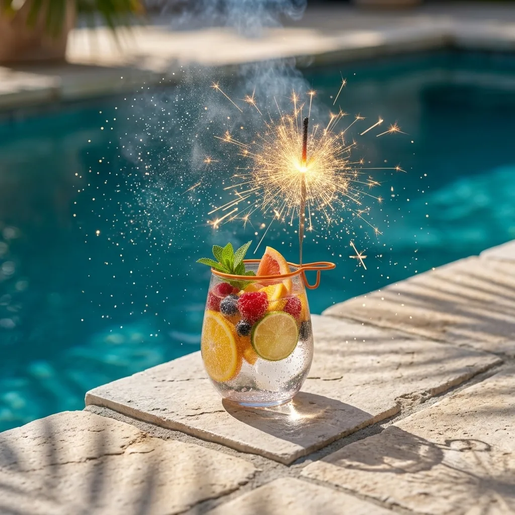 Cocktail pétillant avec un cierge magique au bord d'une piscine