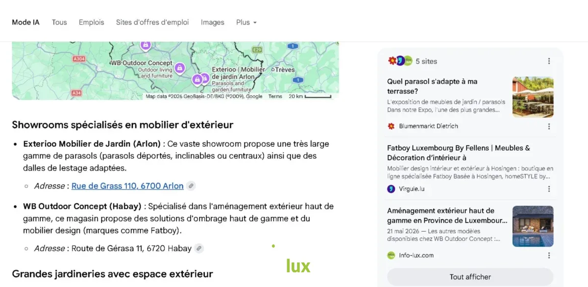 Google Mode IA — mobilier d'extérieur : WB Outdoor Concept recommandé, source Info-lux.com.