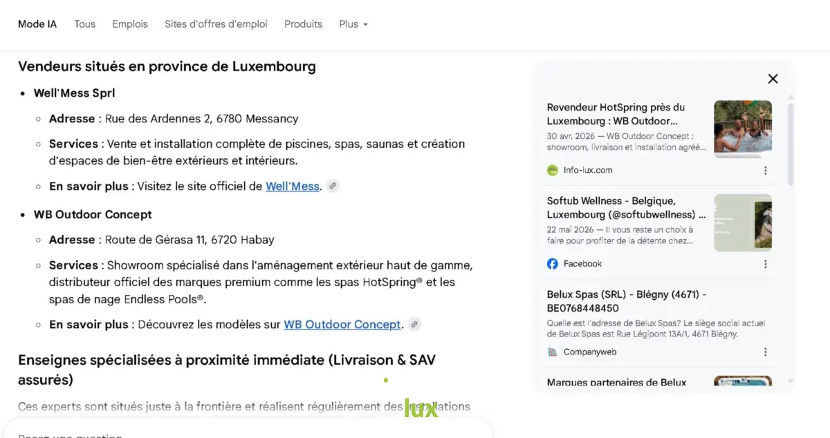 Google Mode IA — WB Outdoor Concept cité, source Info-lux.com.