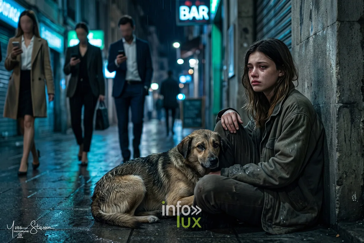 Création IA d'Yves Stassin : jeune femme et son chien dans la rue, passants indifférents au smartphone