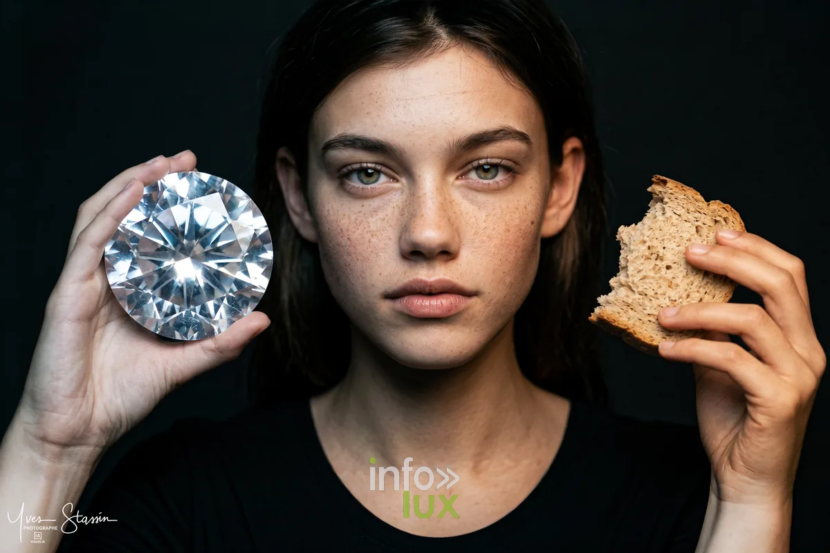 Création IA d'Yves Stassin : jeune femme tenant un diamant et une croûte de pain