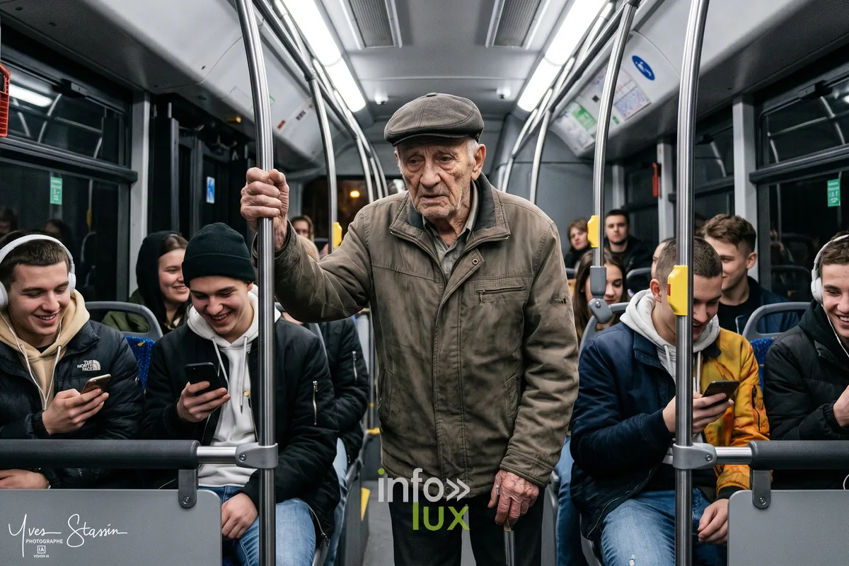 Création IA d'Yves Stassin : homme âgé debout dans un bus entouré de jeunes rivés au smartphone