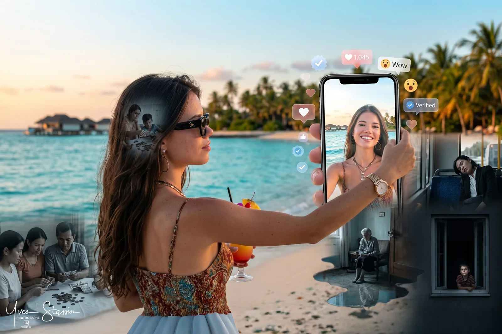 Femme prenant un selfie sur une plage de rêve tandis que des anonymes restent en retrait