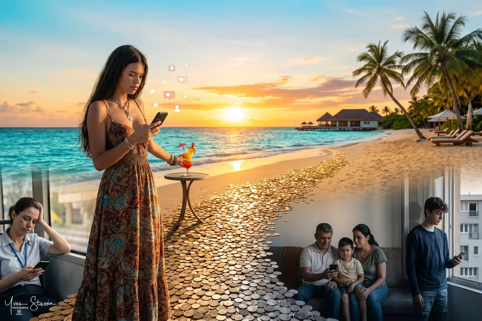 Femme seule face à un coucher de soleil sur une plage, smartphone en main