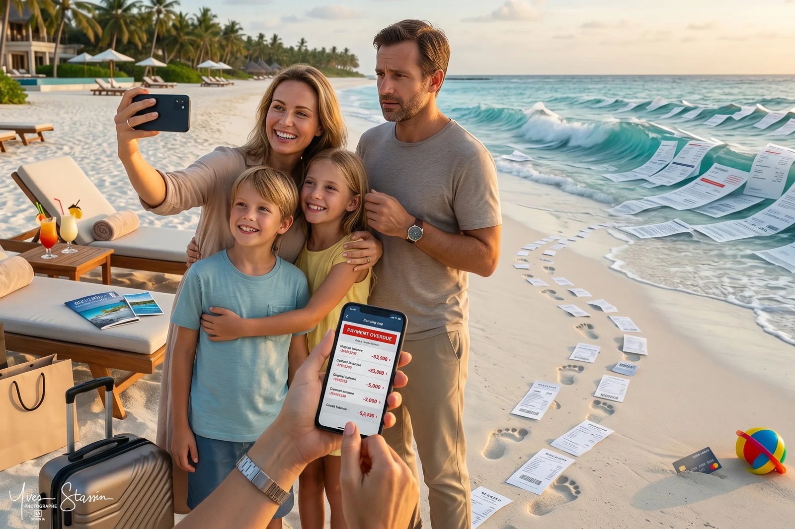 Famille en selfie sur une plage paradisiaque, vague et factures en arrière-plan