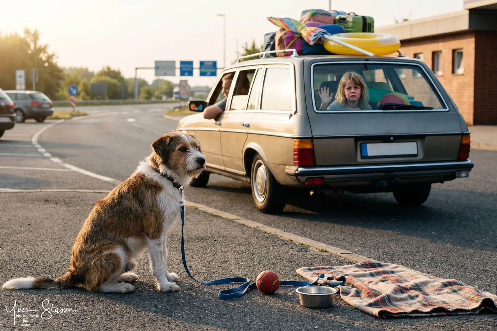 Chien abandonné au bord de la route près d'une voiture familiale chargée de bagages