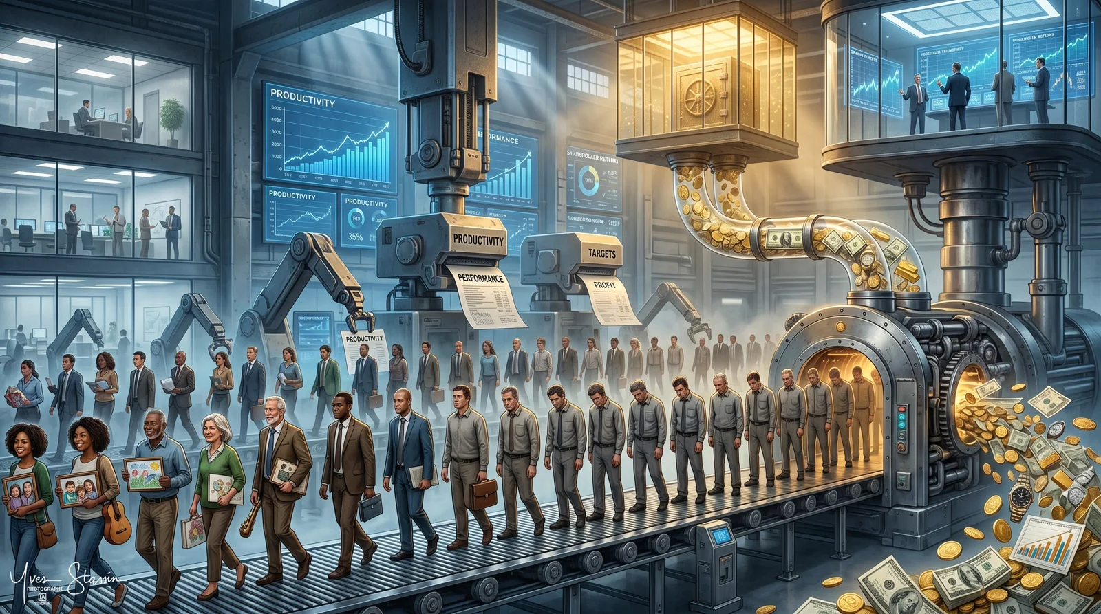 Usine imaginaire produisant à la chaîne des travailleurs identiques