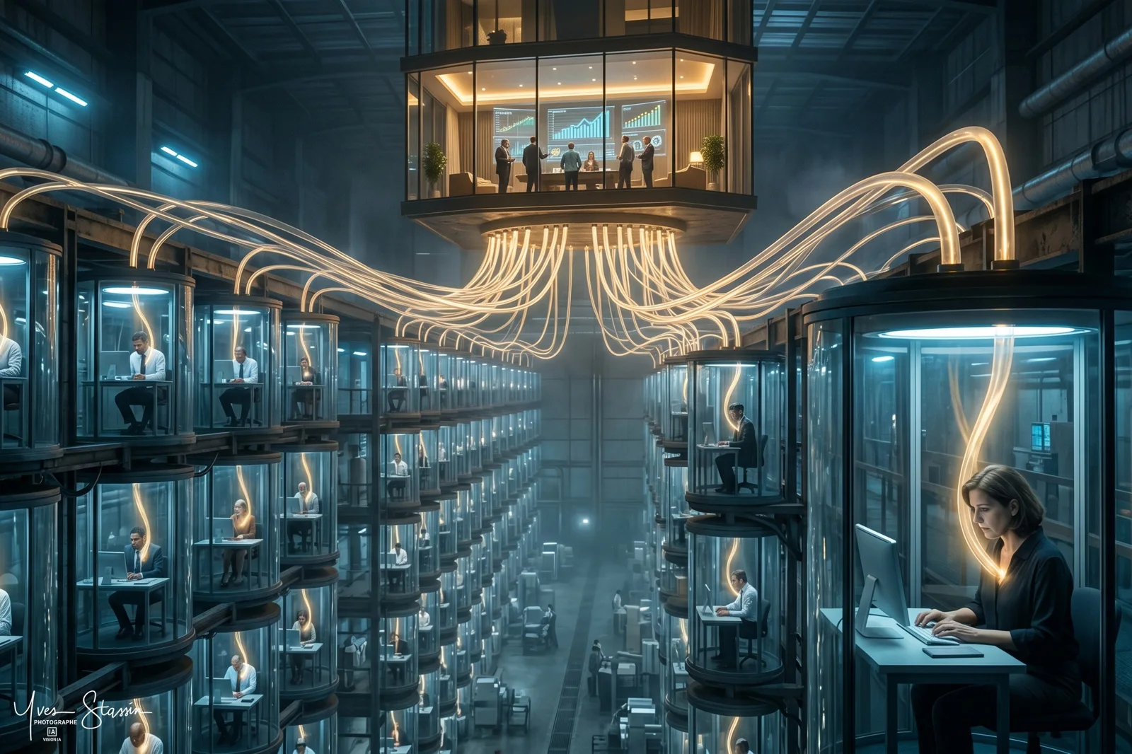 Archive futuriste où une employée éclaire des rangées de casiers lumineux